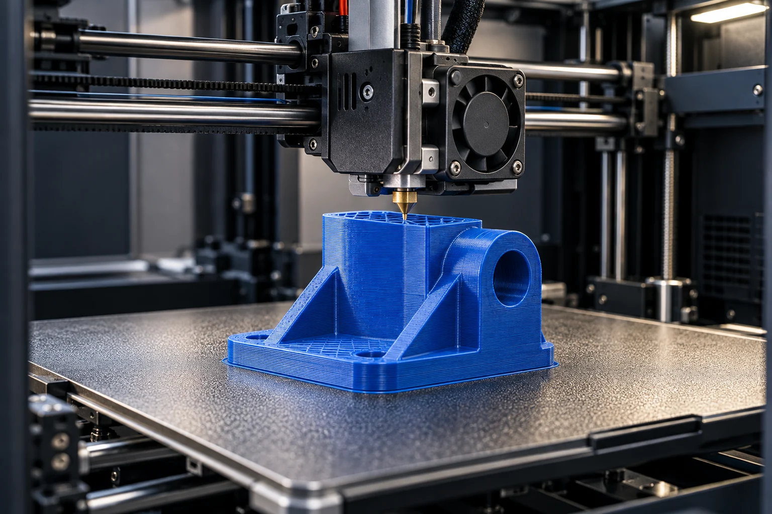 Illustration of an FDM 3D printer depositing blue filament onto a partially printed bracket